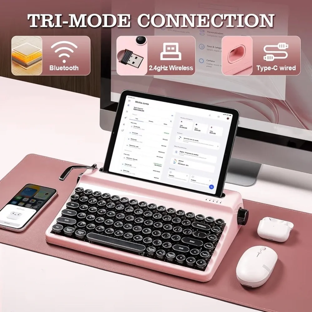 Pink Retro Bluetooth Keyboard for Tablets New